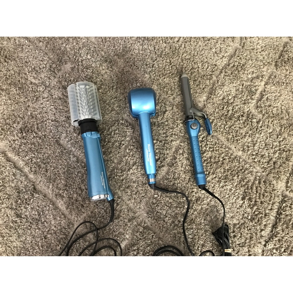 BaBylissPRO Nano Titanium MiraCurl Rotating Brush & Curling Iron 3pc Bundle Blue